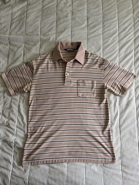 Vintage Striped Polo Shirt in Dusty Pink and Navy Tag Says Med But Fits Small